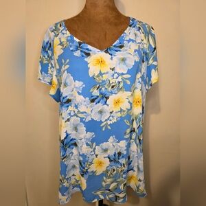 Nine West Blue Floral Blouse – Women’s Large – Tie Neck Ruffle Sleeve Top